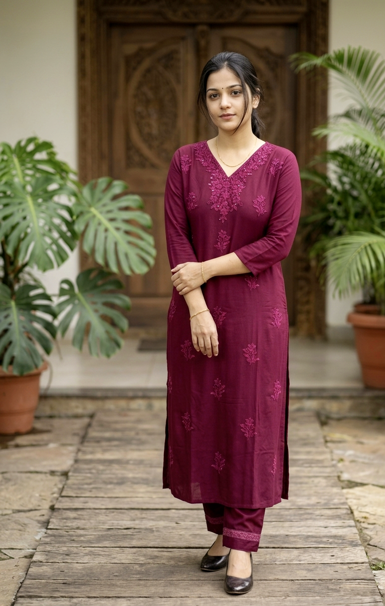 Chikankari Kurti Set [grape wine, black, lavender]