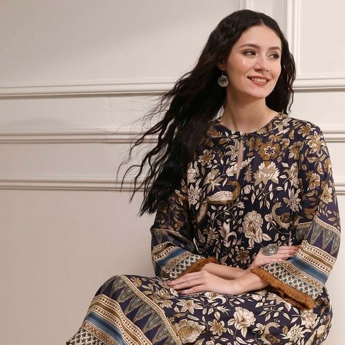 Navy Blue Printed Straight Kurta