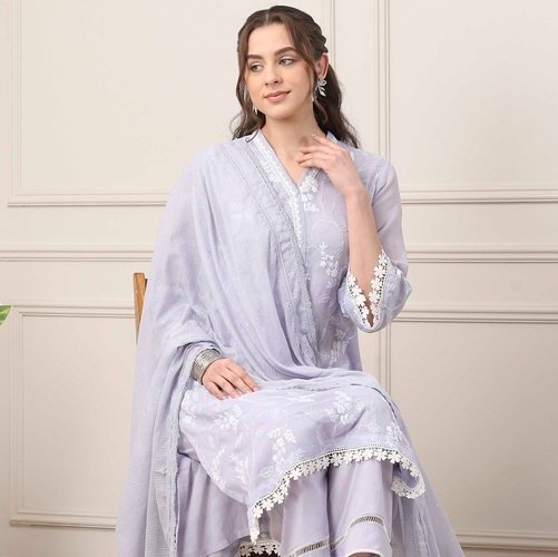 Lavender Cotton Floral Embroidered Straight Suit Set